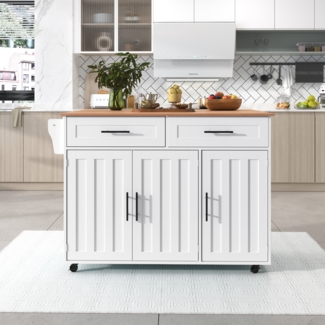 Küchenwagen 129x71x91,5 cm mit Klapptischplatte, 2 Schubladen, Innentürregalen und 5 Rollen in Weiß