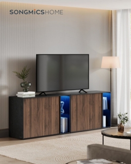 SONGMICS HOME Superschnelle werkzeuglose Montage, Sideboard mit Beleuchtung, 2er Set Aufbewahrungsschrank, TV-Schrank, Glasablage, Toolless-Technologie, von SONGMICS, naturwalnussfarben-ebenholzschwarz BBKDE792B01