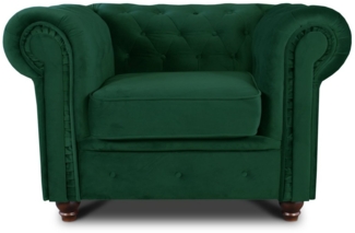 Sessel Chesterfield Asti - Couch, Couchgarnitur, Couchsessel, Loungesessel, Stühl, Holzfüße - Glamour Design, Velours (Dunkelgrün (Velvet 78))