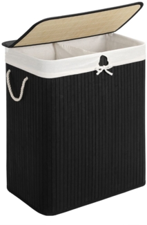 Songmics Wäschekorb mit 2 Fächern, Bambus Schwarz 100 L / 51,5 x 31,5 x 60,5 cm