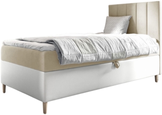 MEBLINI Kinderbett mit Bettkasten MAYA 1 100x200 Rechts - H3/Beige Samt Gepolstert Einzelbett mit Matratze - Polsterbett mit Stauraum - Bett mit Kopfteil – Stauraumbett