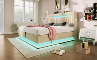 Polsterbett 140×200 cm mit hydraulischem Bettkasten, LED-Beleuchtung & USB/Typ-C im Kopfteil