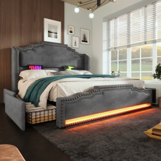 Polsterbett 140x200 cm aus Samt mit Stauraum, LED-Beleuchtung und USB- und Type-C-Anschlüssen