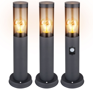 3er Set Sockelleuchte, Edelstahl, anthrazit, rauch, H 45 cm