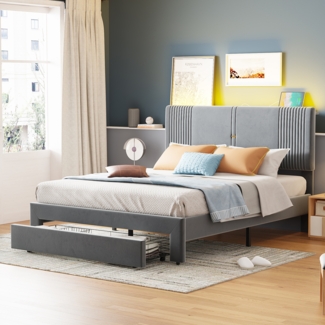 Polsterbett 140x200 cm aus Samt mit Stauraum, LED-Beleuchtung und USB-Anschlüssen