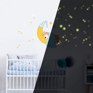 K&L Wall Art Wandtattoo Baby Teddy Bär Mond Leuchtsterne Blau 60x60 cm selbstklebend, Kinderzimmer Leuchtbild