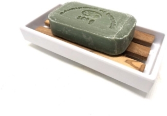 Olivenholz-erleben Seifenschale groß, rechteckig aus weißem Melamin, mit Einleger aus Olivenholz, 1-St, Natürlich schön – ein Blickfang mit mediterranem Charakter