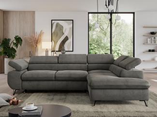 Ecksofa mit Bettfunktion, Modern Sofa, L-form, Einstellbare Kopfstützen, Bettkasten, PEDRO, 1x Ecksofa, Dunkelgrau, Velours, rechts