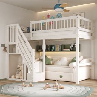 Merax Hochbett Massivholz Einzelbett Kinderbett 90x200cm mit Stauraumtreppe, weiß