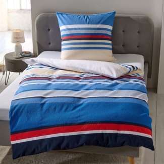 Traumschlaf Basic Seersucker Bettwäsche Streifen blau|240x220 cm + 2x 80x80 cm