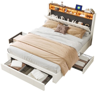 FUROKOY Polsterbett Doppelbett,Funktionsbett Stauraumbett mit LED-Licht (Set, 1-tlg, mit 4 Schubladen), 140x200 cm, ausziehbare Bettkästen, Beige