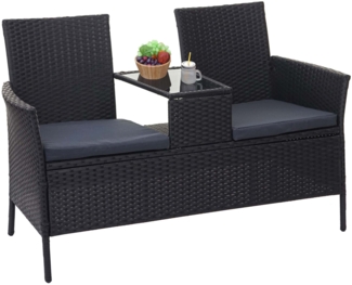 Poly-Rattan Sitzbank mit Tisch HWC-E24, Gartenbank Sitzgruppe Gartensofa, 132cm ~ schwarz, Kissen dunkelgrau