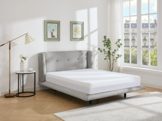 Vente-unique - Polsterbett 140 x 190 cm - mit gestepptem Kopfteil - Stoff - Hellgrau - PENAVI