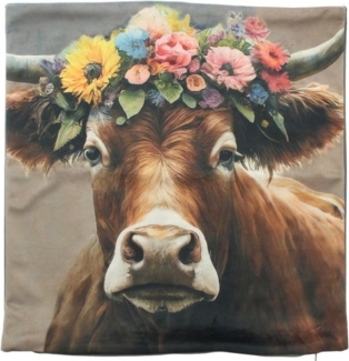 Home-trends24. de Kissenhülle Kuh mit Blumenkranz Samt Kissenhülle Kissenbezug Deko