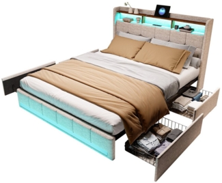 FUROKOY Polsterbett LED Doppelbett Bettgestell mit Stauraum,Stauraumbett (mit 4 Schubladen Ausgestattet,Polsterbett 160x200 cm), mit Lattenrost, Kopfteil,Leinen,ohne Matratze,Beige