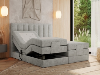Boxspringbett mit elektrisch verstellbaren Matratzen, zwei Bettkästen und einem Topper - COMFORTO - 160 x 200 cm - Hellgrau Stoff - H3