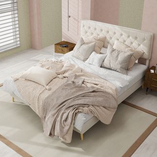 Flieks Polsterbett 140x200cm, Doppelbett mit Nietendesign Kopfteil, Samt, Beige