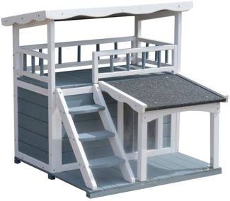 Dehner Tierbett Katzenhaus Maison Katzenhütte Outdoor, ca. 78 x 75 x 73 cm, grau/weiß, Hütte für Katzen aus robustem Tannenholz