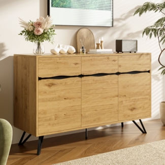 3-Türiges Sideboard, in Holzoptik mit Metallbeinen – Modernes Design, Viel Stauraum, Stabil & Pflegeleicht – Für Wohnzimmer, Esszimmer, Flur geeignet, Holz/Metall,