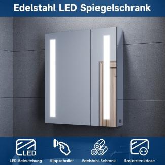 SONNI Spiegelschrank Spiegelschrank bad Edelstahl mit led beleuchtung 60 cm breit 2-türig mit Kippschalter, Steckdose, verstellbare Einlegeböden,IP44