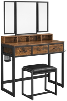 Vasagle Schminktisch mit 3-teiligem Klappspiegel, Föhnhalter und gepolstertem Hocker, vintagebraun-schwarz Holz, 140,8 x 90 x 40 cm