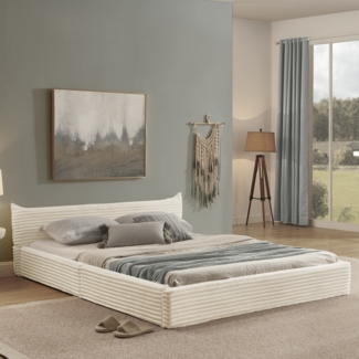 Doppelbett 140x200 cm mit Corduroy-Polsterung, Eukalyptusholzrahmen, geeignet für Schlafzimmer und Gästezimmer