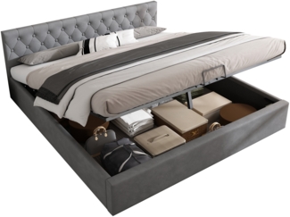 Polsterbett 180x200 cm aus Samt mit geknöpftem Kopfteil, hydraulischem Bettkasten und Lattenrost,Grau