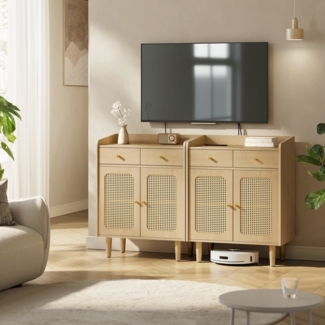 SONGMICS HOME Sideboard Fernsehschrank (SONGMICS HOME BOHOVEN Kollektion, Küchenschrank mit Türen in Rattan-Optik, verstellbare Ablage), Aufbewahrungsschrank mit Schubladen, Boho-Stil, für Esszimmer