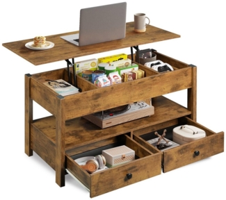 WLIVE Couchtisch mit Lift-Top, höhenverstellbarer Wohnzimmertisch mit Stauraum (2 Schubladen & offener Ablage, verstecktes Fach), Lift-Top Tischplatte, 100 × 50 × 48–61 cm, Schwarz/ Braun