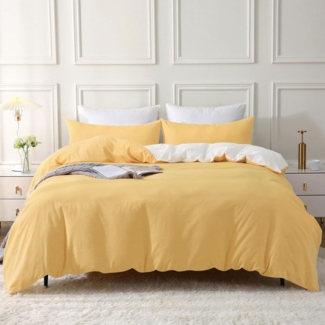 Bettwäsche Set 220x240 Baumwolle Gelb Reißverschluss Stone Washed-Look 3tlg