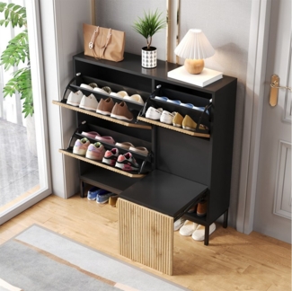 Furnishings Home Schuhschrank Schuhregal Step 3 Schuhständer Schuhkommode mit Schuhwechselhocker (Bietet Platz für 16 Paar Schuhe) für Flur, Schlafzimmer, mit drei Klappen und offener Ablagefläche