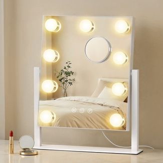 SONGMICS Make-up Spiegel mit LED-Beleuchtung, Kosmetikspiegel, Touch-Steuerung, Handyhalter, 3 Lichtfarben, 25 x 30 cm, weiß