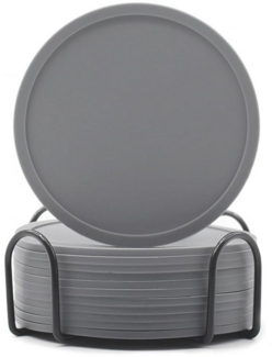 MODFU Getränkeuntersetzer 12er Silikon Glasuntersetzer Set Tischuntersetzer Runde Untersetzer, Silikonuntersetzer mit Edelstahl Halter Durchmesser 10 cm aus Silikon, 12-tlg, Rutschfest und Isoliert für Getränke Glas Tassen Bar usw