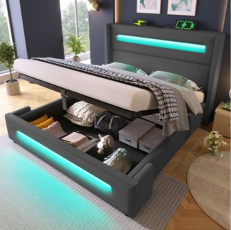 STILVORA Polsterbett 160x200 mit Bettkasten,Jugendbett mit LED und USB Type-C,ohne Matratze