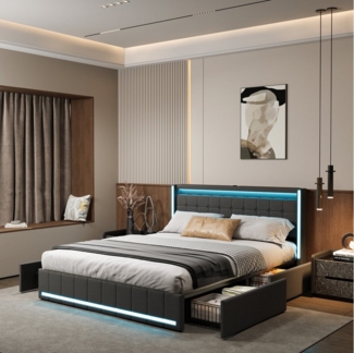 PXloue Polsterbett Design Bett Stauraumbett Doppelbett Leinen mit LED Licht (Geeignet für Jugendliche und Erwachsene), mit Lattenrost und 4 Schubladen,140x200 cm, Max. Belastbarkeit 350 kg