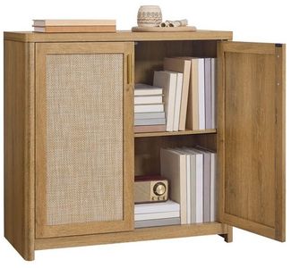 VASAGLE Küchenschrank im Boho-Stil, Türen Rattan-Optik, Sideboard, verstellbare Ablage, Wohnzimmer, braun