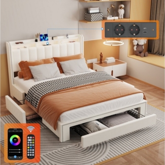 oyajia Stauraumbett Polsterbett mit Stauraum,LED-Beleuchtung (Polsterbett mit Metall Bettgestell, PU-Leder, 3 Schubladen), Doppelbett 90/140/160 x200 cm mit Ladestation