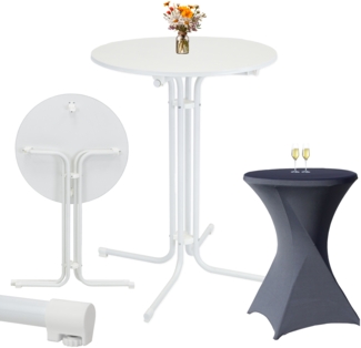 Set Stehtisch klappbar Ø 80 cm in Weiß & Husse Anthrazit bügelfrei für Gastrotisch Bistrotisch