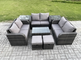 Fimous Polyrattan Gartenmöbel Set 8-Sitzer Garten Sofa im Freien Set mit Love Sofa Couchtisch 2 Beistelltischen 2 kleine Fußhockern Dunkelgrau Gemischt