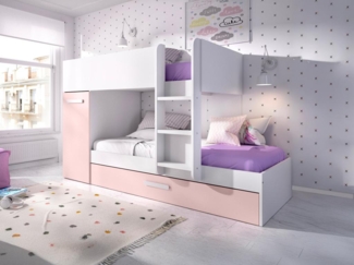 Vente-unique - Etagenbett Ausziehbett mit Stauraum - 3x 90 x 190 cm - Weiß, Naturfarben & Rosa - ANTHONY