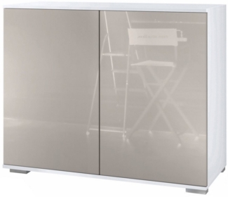 Vladon Kommode Skadu V3 (Moderner Küchenschrank, mit 2 großen Türen), Weiß matt / Sandgrau Hochglanz (92,5 x 75.5 x 35)