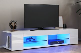 SONNI TV-Schrank TV-Schränke Breite 135cm Hochglanz 2 Glasböden mit LED Beleuchtung