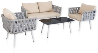 Lycce Loungeset Gartenmöbel-Set WEAVE: 2 Sessel, 1 Sofa, 1 Tisch mit Glasplatte, Loungemöbelset mit Kissen
