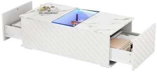 Merax Couchtisch mit LED-Beleuchtung (100x50x35cm, Beistelltisch, Satztisch, Sofatisch inkl. Fernbedienung), Marmoroptik Wohnzimmertisch mit Schubladen und Glasplatte, 100/50/35cm