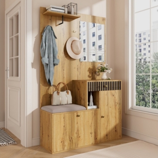 Merax Garderoben-Set mit Spiegel, Schuhschrank & Sitzkissen, (Garderobenkombination Möbelset für Eingangsbereich, 1-St, 110 x 185,5 x 37 cm), Flurgarderobe mit Soft-Close Türen, Regalen, Haken & Schublade