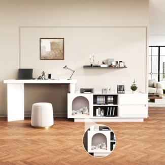 L-förmiger Haustier-Schreibtisch mit integrierter Katzenhöhle,mit Haustierbereich, ergonomischer Computertisch,Weiß