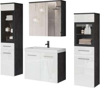welltime Badmöbel-Set MADRIT II, Schrank mit Waschbecken, 2 Hänger, Spiegelschrank, (Komplett-Set, 5-St), Hängende Badmöbel mit Glaseinsätzen – in vielen Farben erhältlich