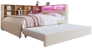 HAUSS SPOLE Schlafsofa 90x200 mit ausziehbett 90x190 mit LED Leuchten und Staufächern Beige, mit Ausziehbett 90x190 cm, Daybett Tagesbett mit USB-Steckdose & Stauraum, Polsterbett für Wohnzimmer & Gästezimmer 90x200 cm, ohne Matratze