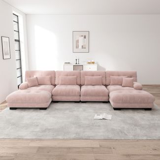Modulares Ecksofa,U-förmiges Couch Set für Wohnzimmer 4-Sitzer Komfortable Cloud Couches mit beweglichem Ottoman DIY-Kombination,Chenille,Rosa,