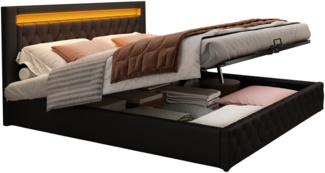 Polsterbett 140x200 cm mit Bettkasten und dimmbarer LED-Beleuchtung, PU-Bezug schwarz,Matratzen enthalten